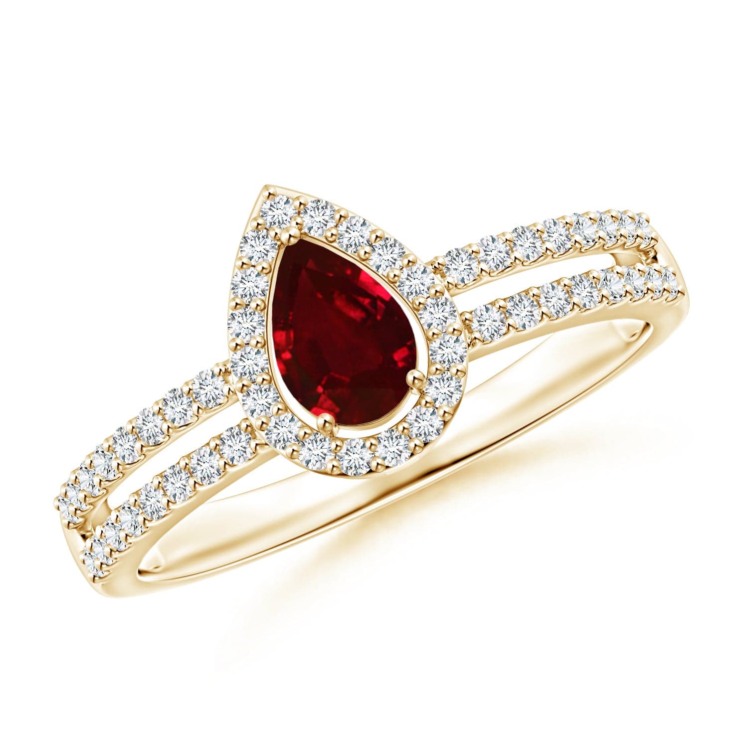 Pear Ruby and Diamond Halo Split Shank Ring